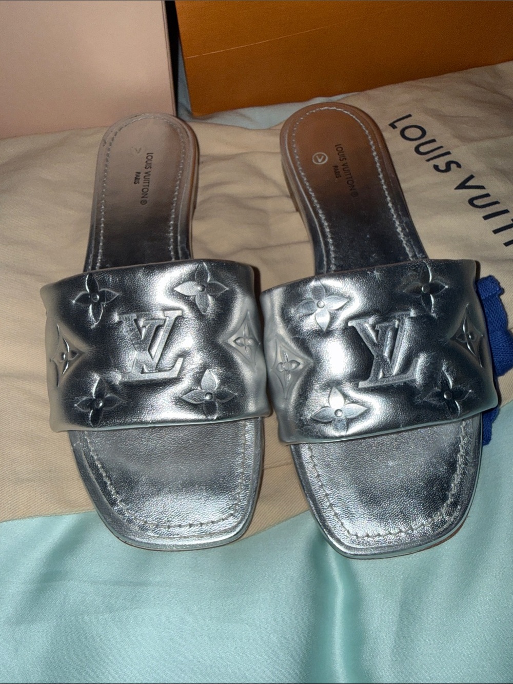 Louis Vuitton authentic silver slide sandals